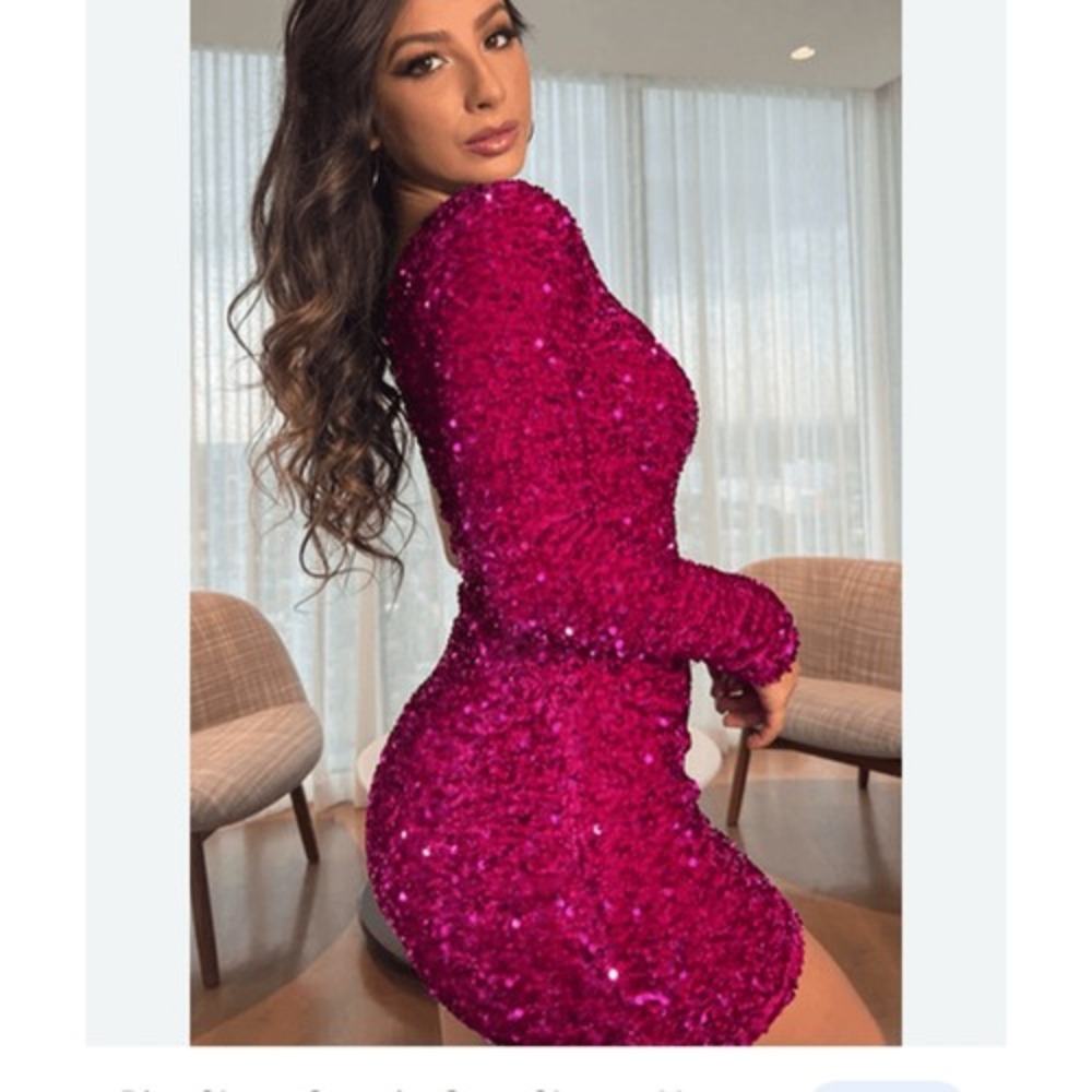 NWT Eliza J Sequin Lined LS Mini Dress Magenta Pink Size 4 Cocktail Sparkle Glam